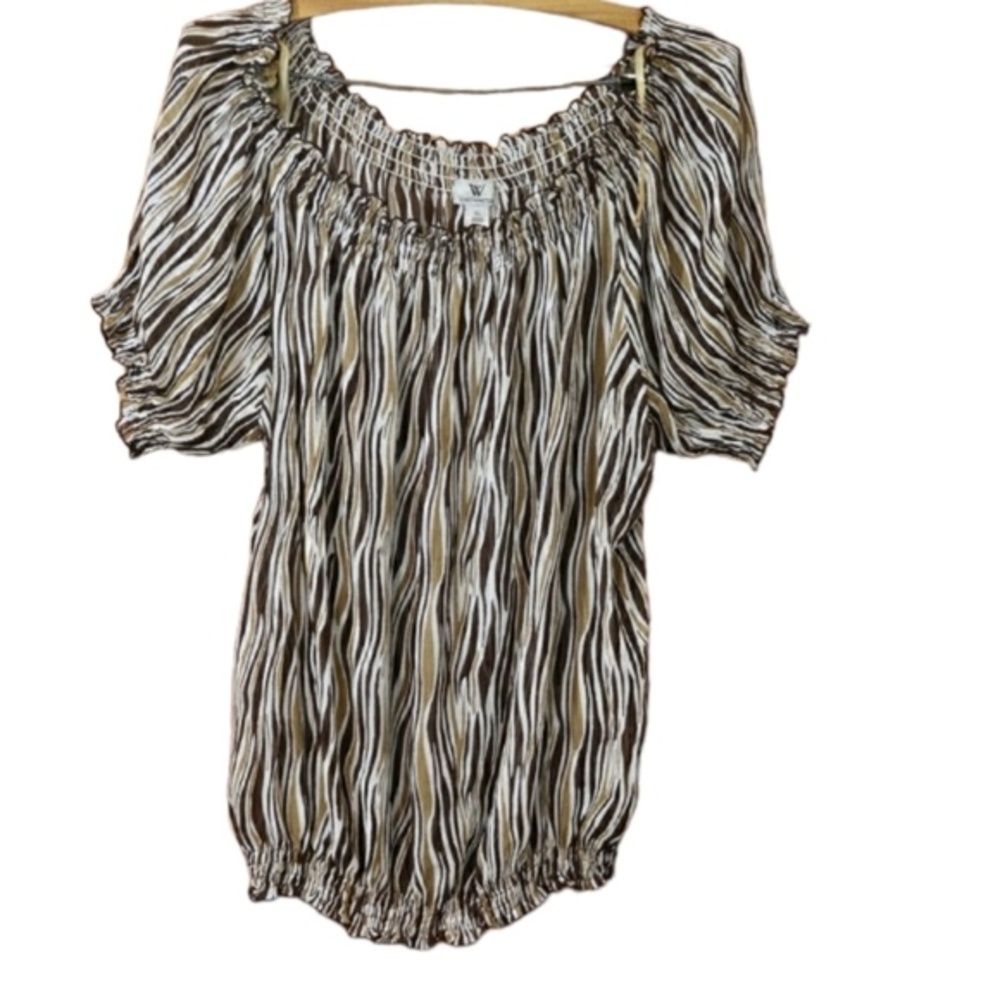 Worthington Vintage 90s Swirly Striped Sheer Wavy Print Blouse Top XL